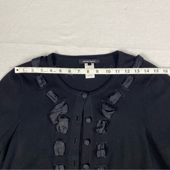 Nanette Lepore Black Button Up Cropped Cardigan Sweater Silk Ribbon Size L - Picture 6 of 10
